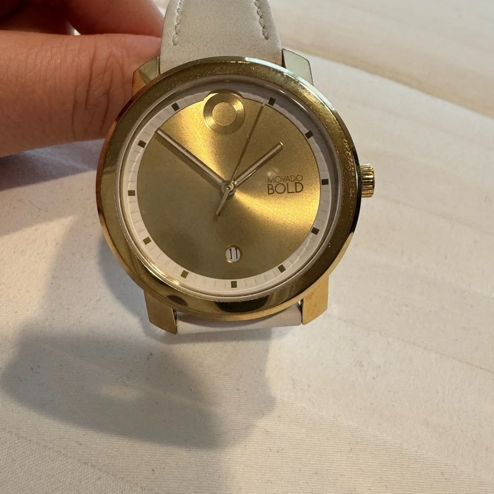 Movado Bold Gold and White leather Strap Womens Watch